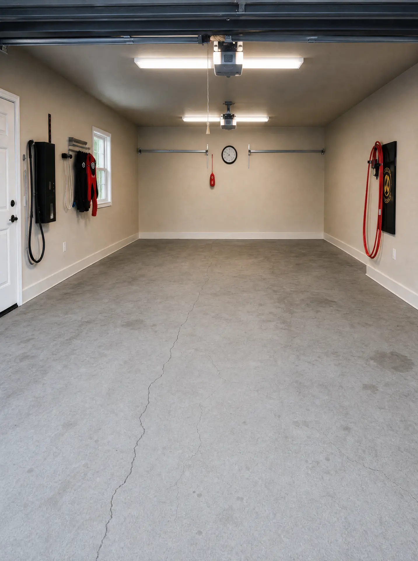 Bare cracked concrete garage floor before coating