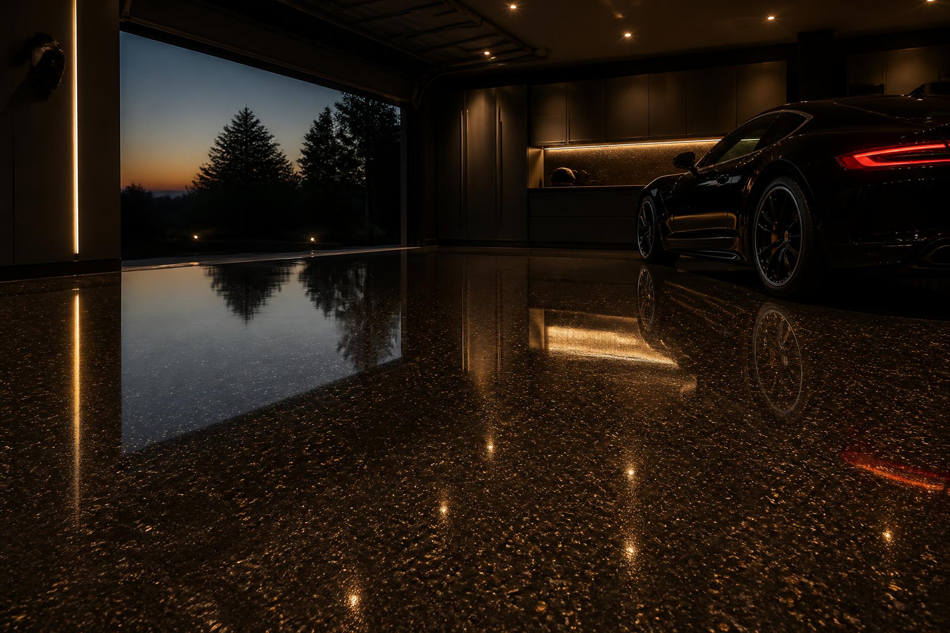 Luxury garage with a glossy dark metallic epoxy floor